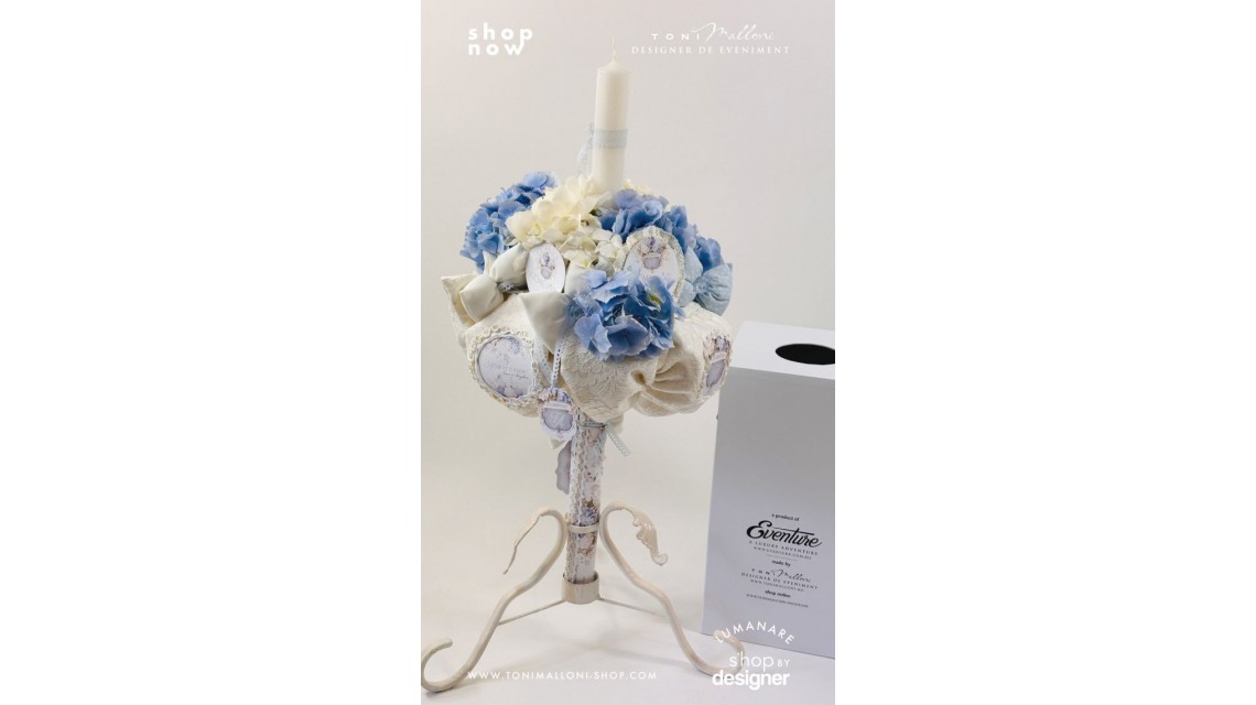 Lumânare de Botez Blue Hydrangea Hortensii Bleu Naturale și Bujori Albi 3